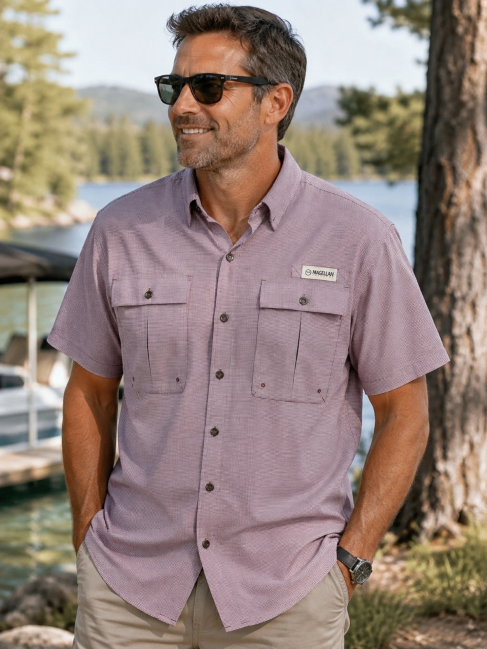 Magellan Fish Gear Men’s L Fishing Shirt Burgundy Check Relaxed Fit Vent Pockets